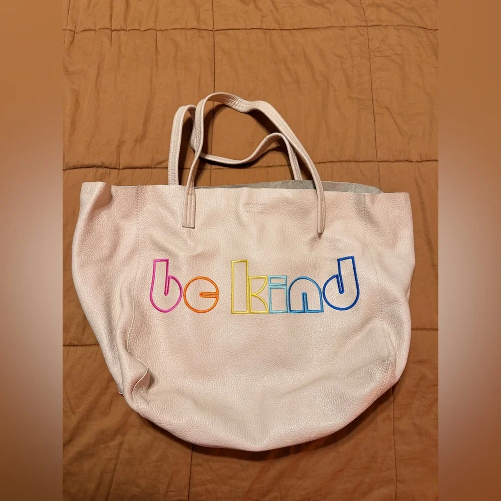Be Kind Rainbow Embroidered Tan Leather Kurt Geiger Tote